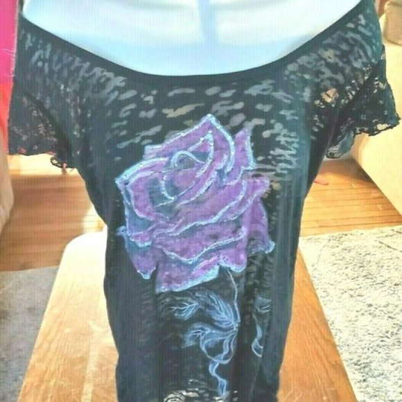 BONGO Black Sheer Mesh Stretch Blouse/Halter Rose - Picture 3 of 7